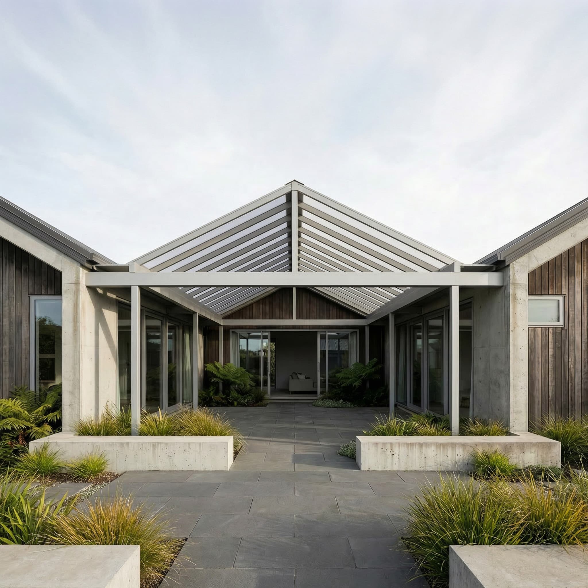 Symmetrical gable pergola spanning a landscaped courtyard between two wings of a home