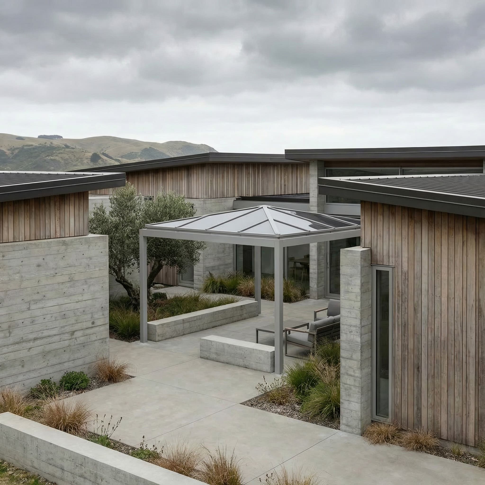 Hip-roof pergola integrated with the corner of a contemporary home