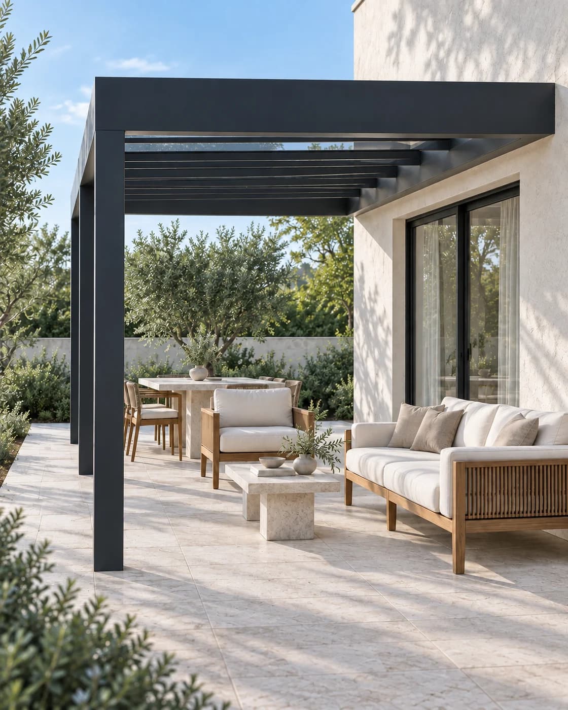 Box pergola design illustration, attached to a house