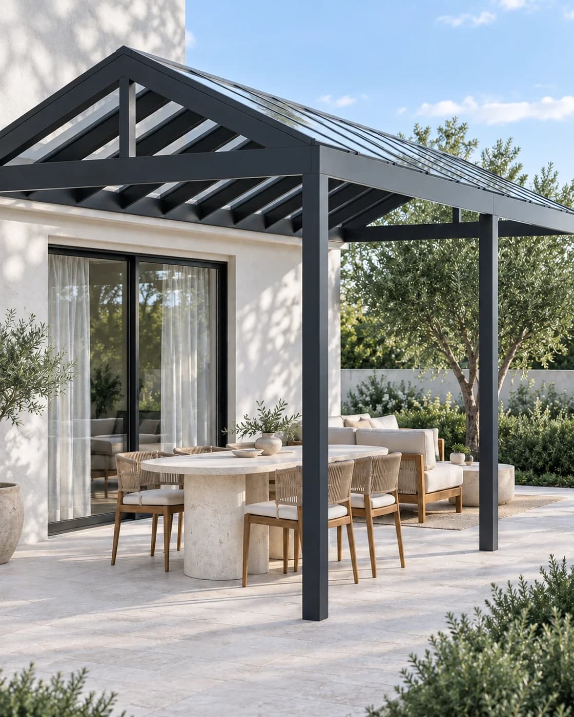 Gable pergola design illustration, attached to a house