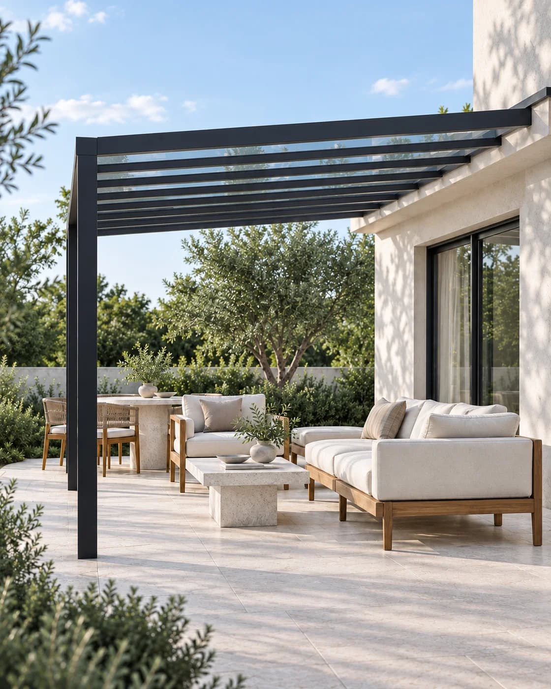 Pitched pergola design illustration, attached to a house