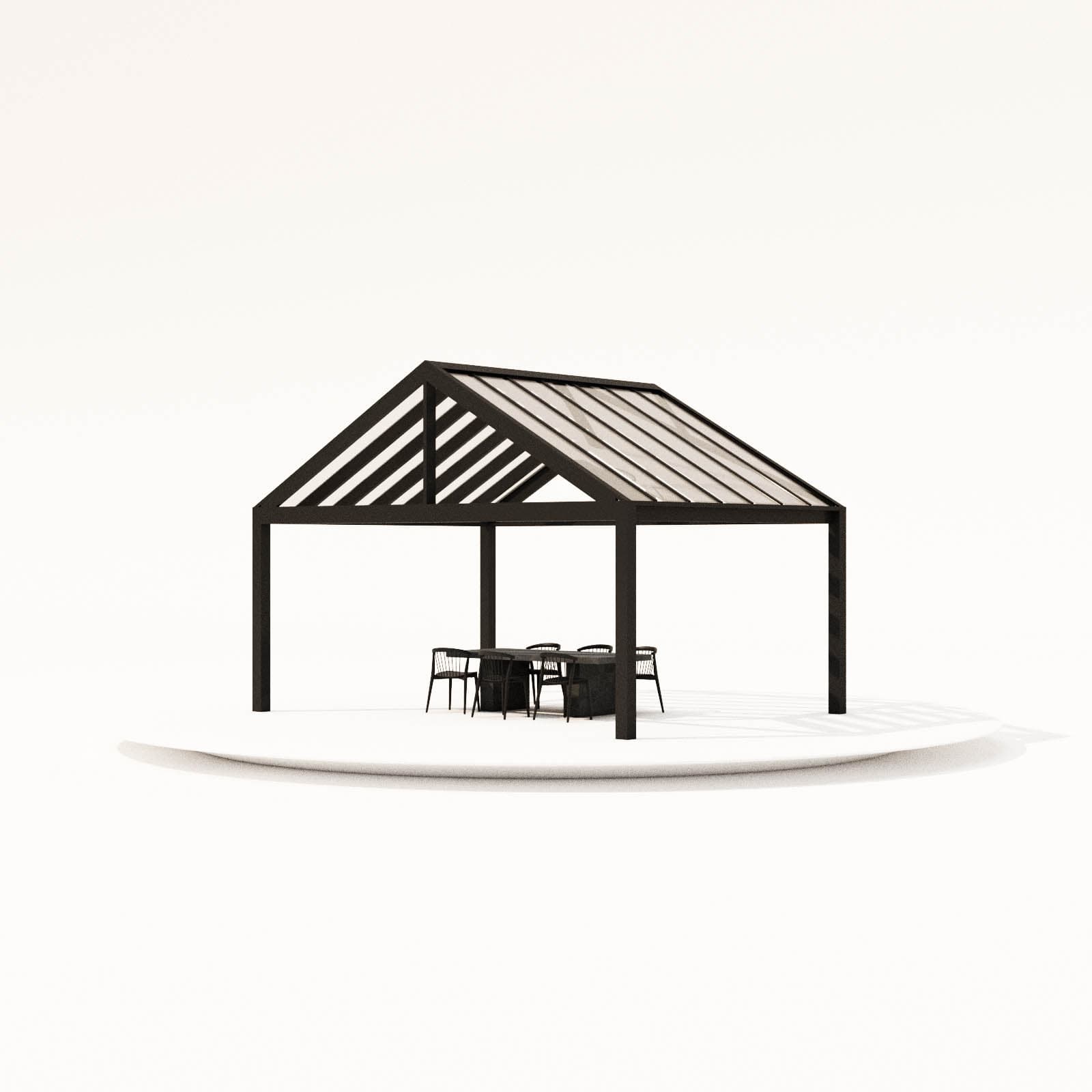 Close view through acrylic pergola roofing and its supporting frame