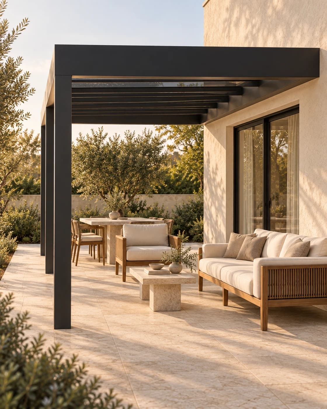 Box pergola illustration with outdoor furniture