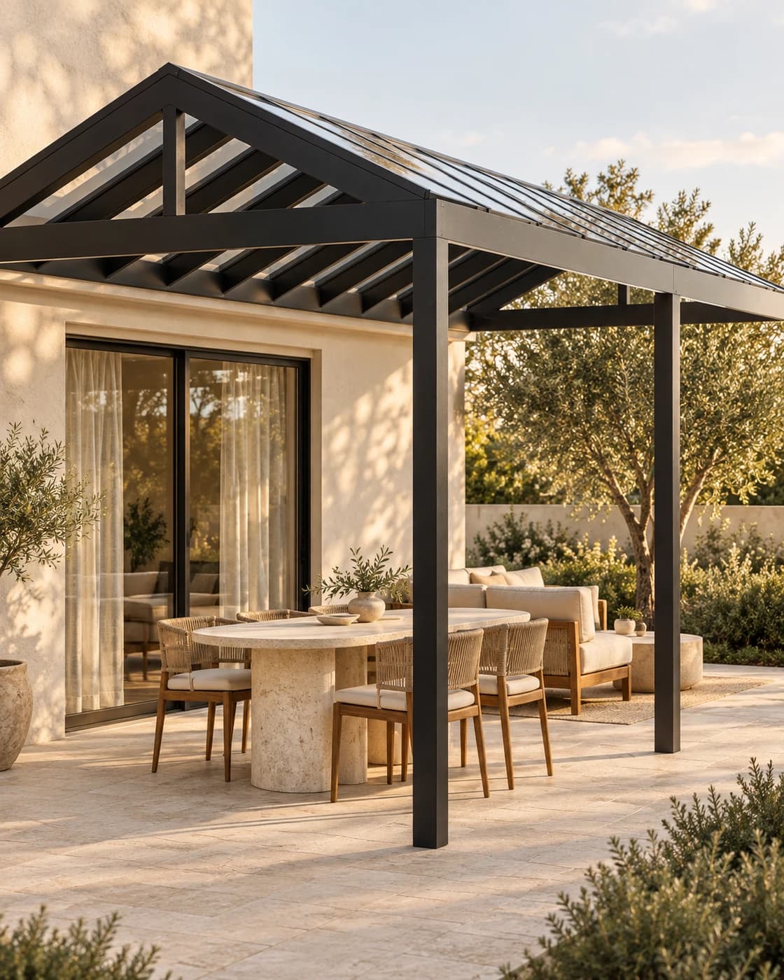 Gable pergola illustration with outdoor furniture