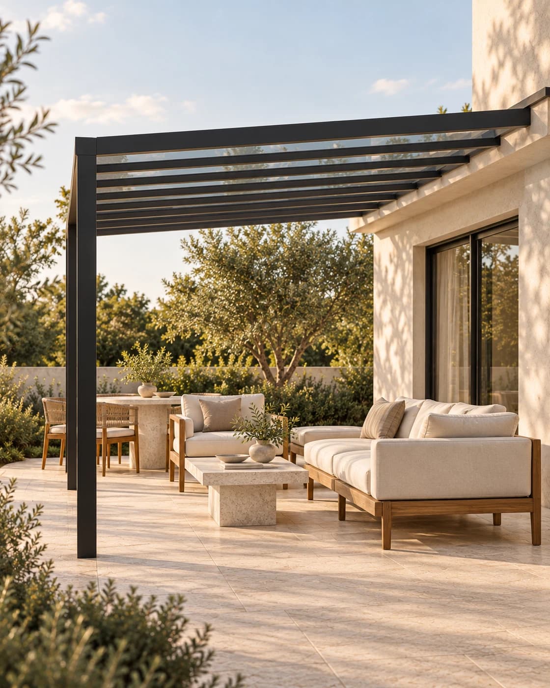 Pitched pergola illustration with outdoor furniture