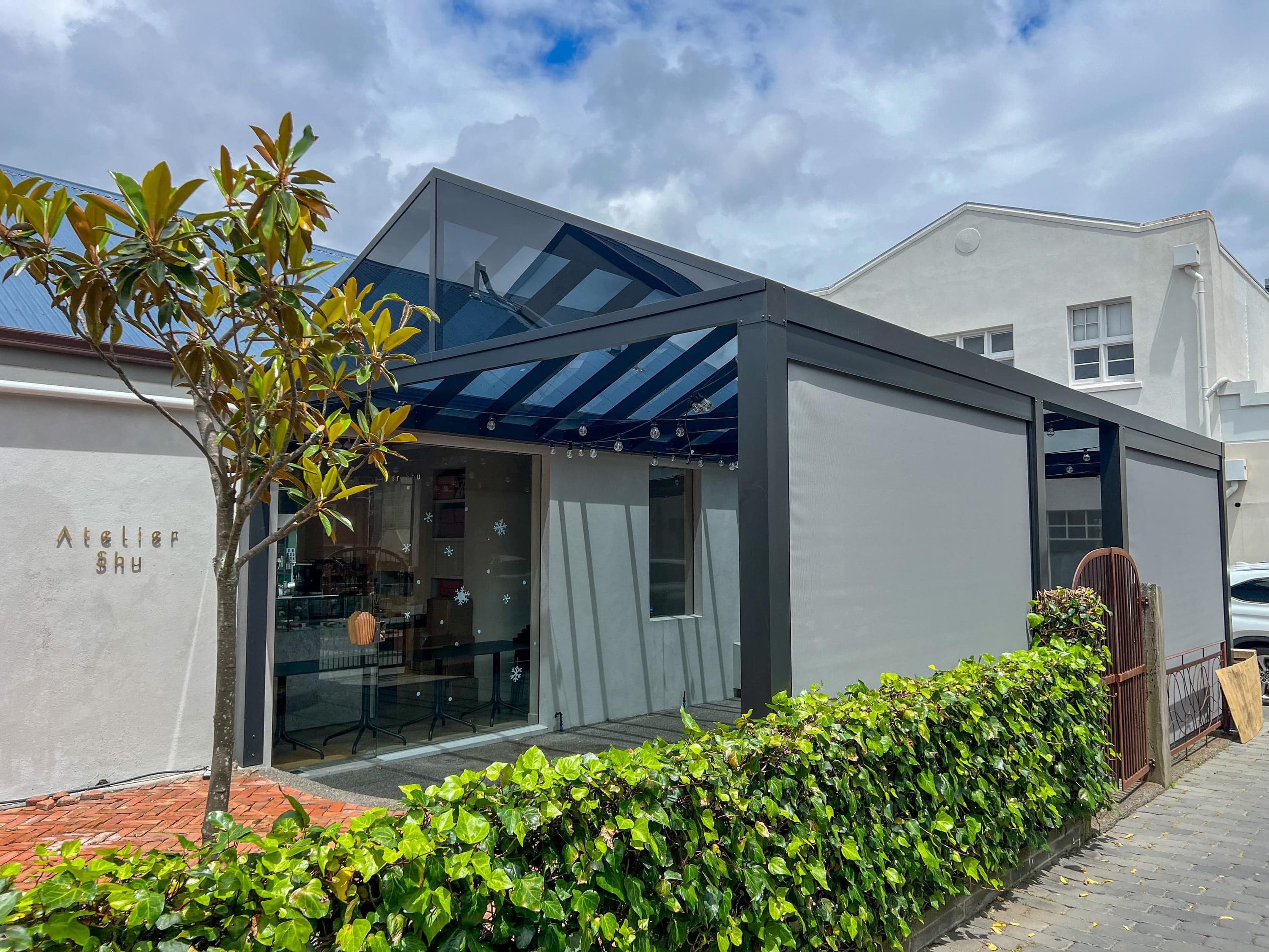 Acrylic roof over an outdoor courtyard