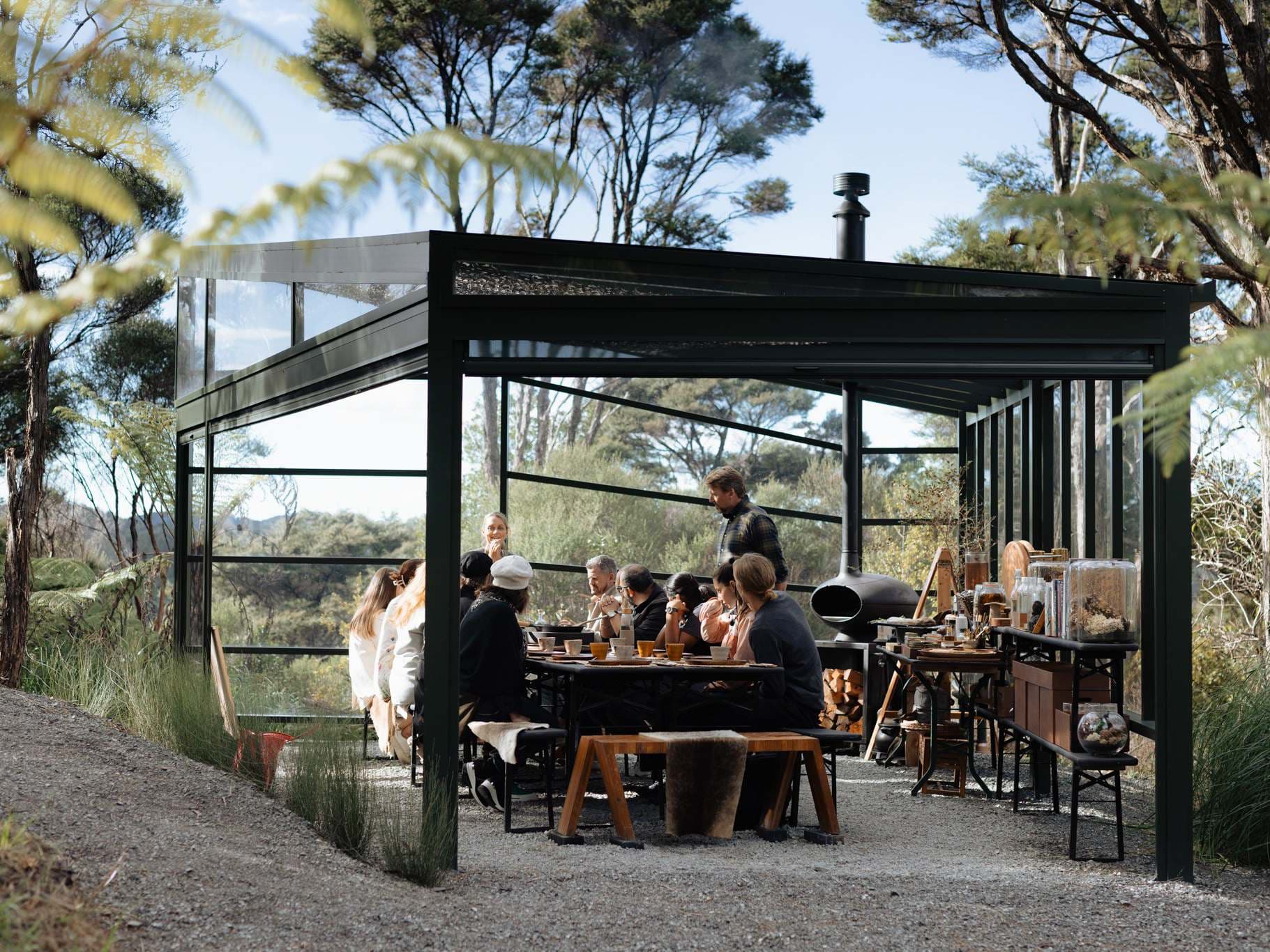 Pergola structure sitting within the native forest at Velskov