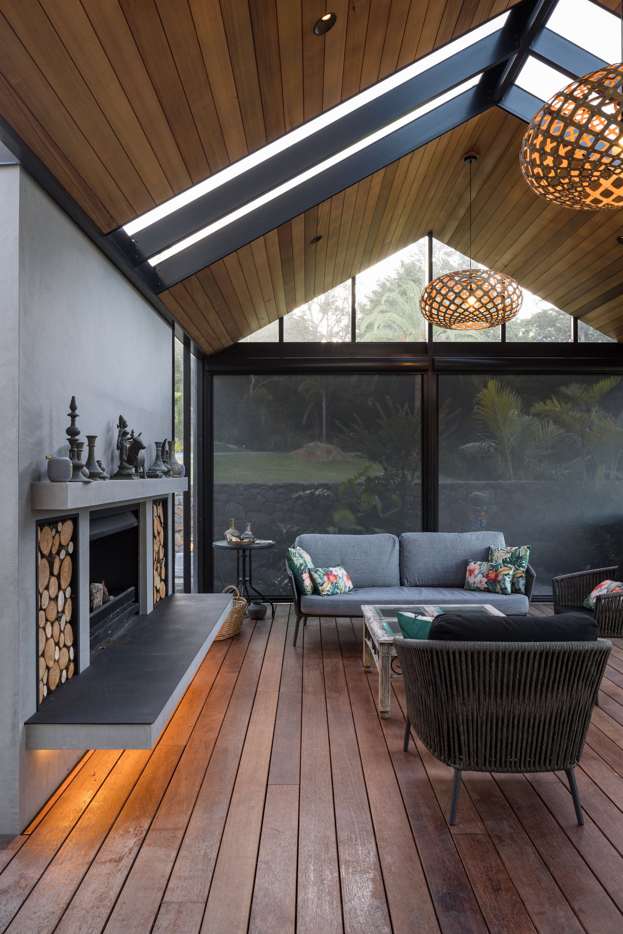 Fireplace and lounge area beneath the Warkworth gable outdoor room