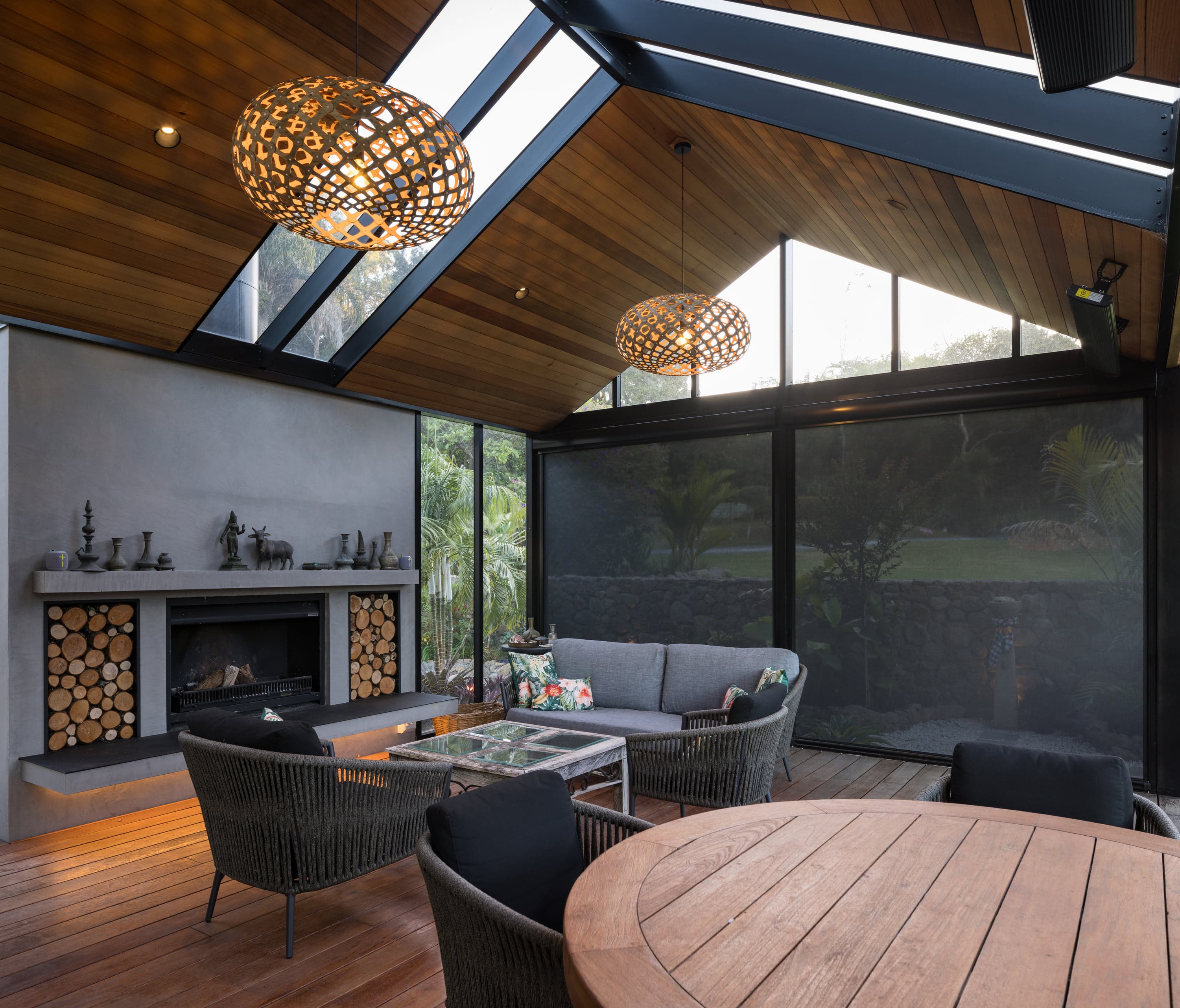 Clear acrylic roof glazing and cedar ceiling detail in the Warkworth outdoor room